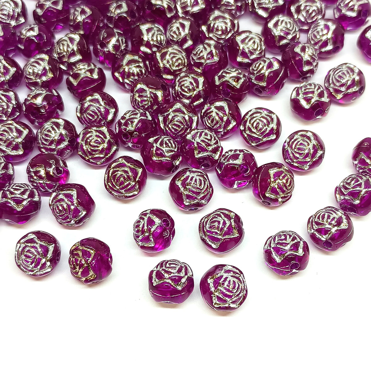 8mm Round Rose Acrylic Beads with Silver Detail - Burgundy Purple