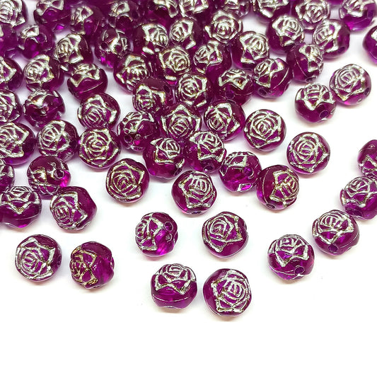 8mm Round Rose Acrylic Beads with Silver Detail - Burgundy Purple