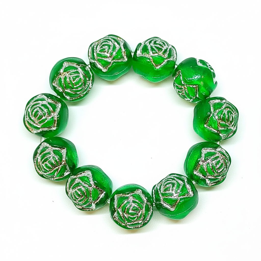 8mm Round Rose Acrylic Beads with Silver Detail - Dark Green