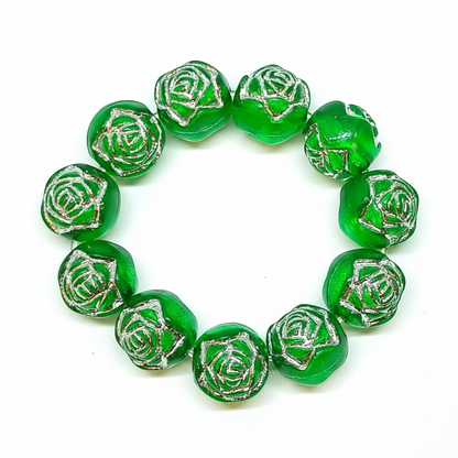 8mm Round Rose Acrylic Beads with Silver Detail - Dark Green