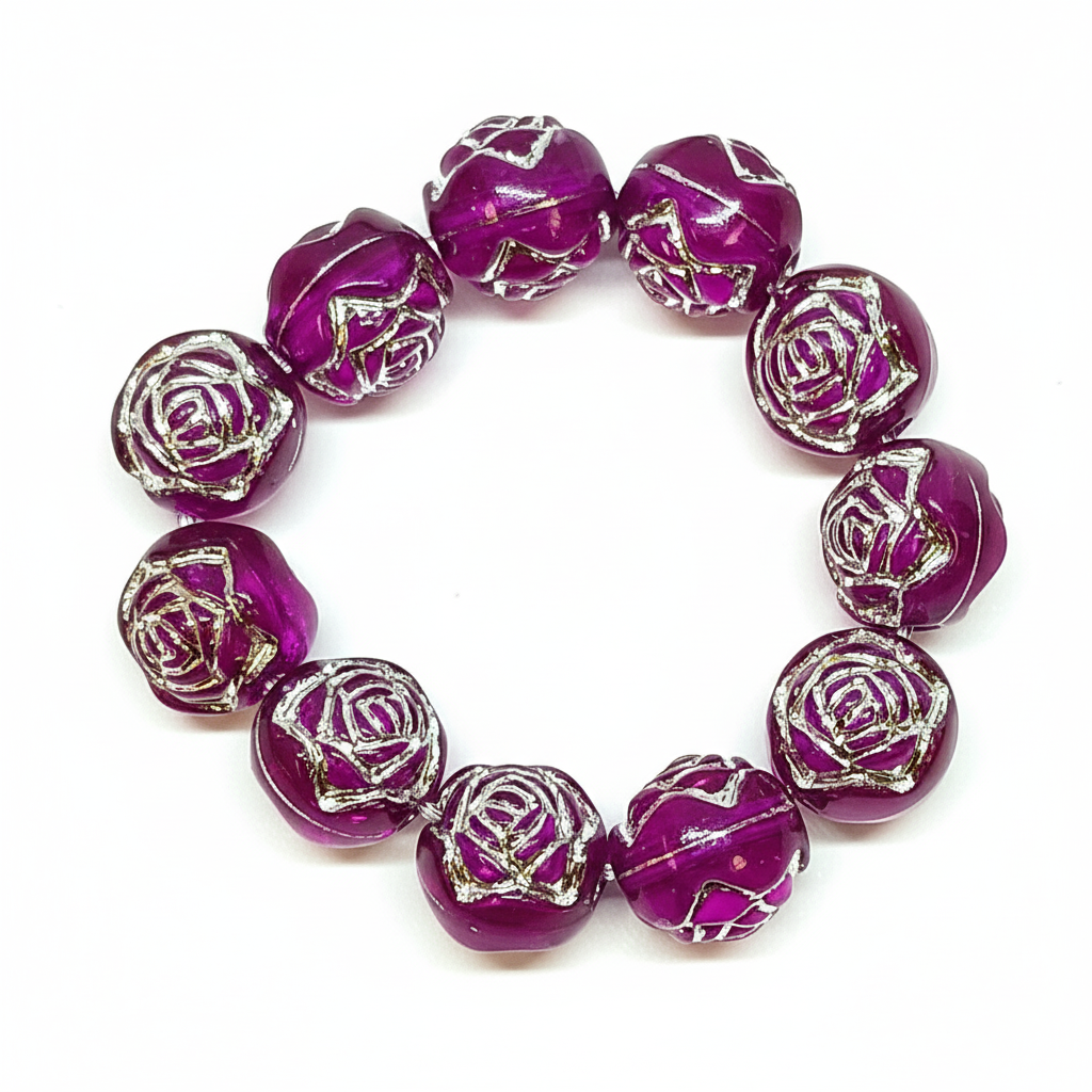 8mm Round Rose Acrylic Beads with Silver Detail - Burgundy Purple