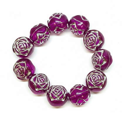 8mm Round Rose Acrylic Beads with Silver Detail - Burgundy Purple