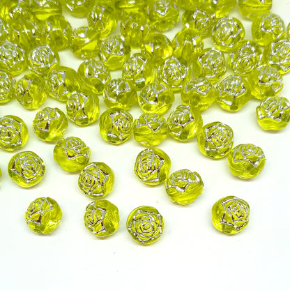 8mm Round Rose Acrylic Beads with Silver Detail - Yellow