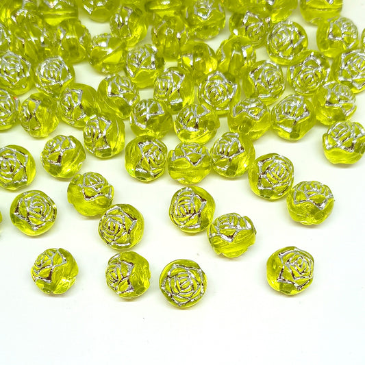 8mm Round Rose Acrylic Beads with Silver Detail - Yellow