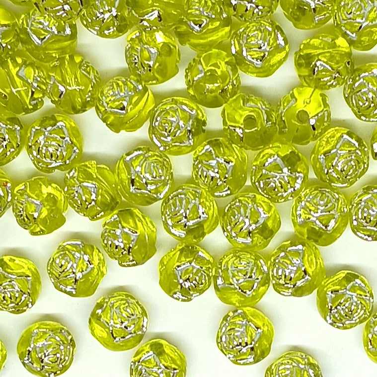 8mm Round Rose Acrylic Beads with Silver Detail - Yellow
