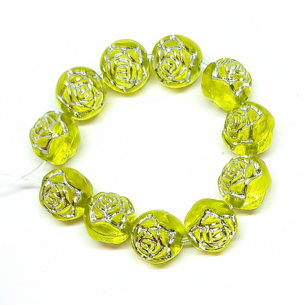 8mm Round Rose Acrylic Beads with Silver Detail - Yellow