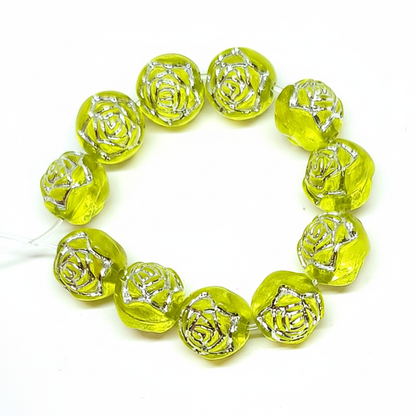 8mm Round Rose Acrylic Beads with Silver Detail - Yellow