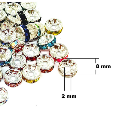 6mm, 8mm 10mm AB Clear Rhinestone Rondelle Spacer Beads - Silver Plated