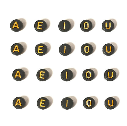 7x4mm Black Flat Round Acrylic Alphabet Beads - Gold Single & Mixed Letters