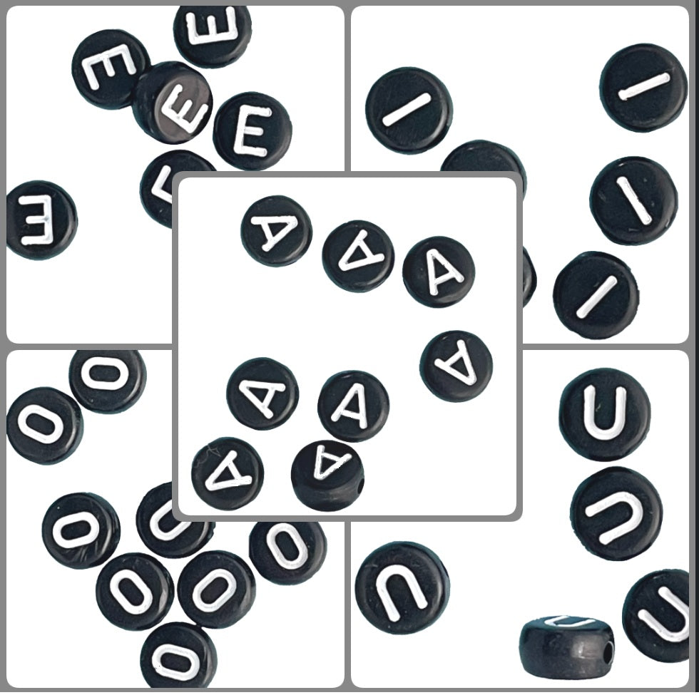7x4mm Black Flat Round Acrylic Alphabet Beads - Single & Mixed Letters