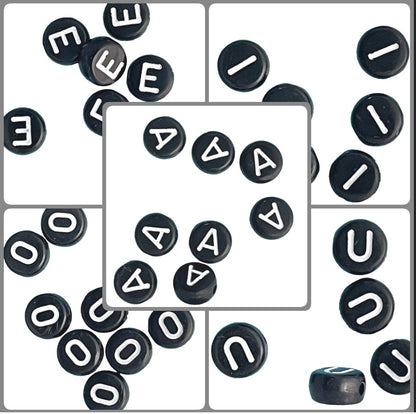 7x4mm Black Flat Round Acrylic Alphabet Beads - Single & Mixed Letters