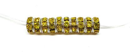 8mm Yellow Rhinestone Rondelle Spacer Beads - Silver Plated