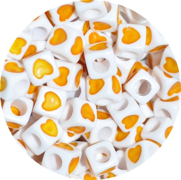 7mm Multicolour Heart Print White Acrylic Cube Beads