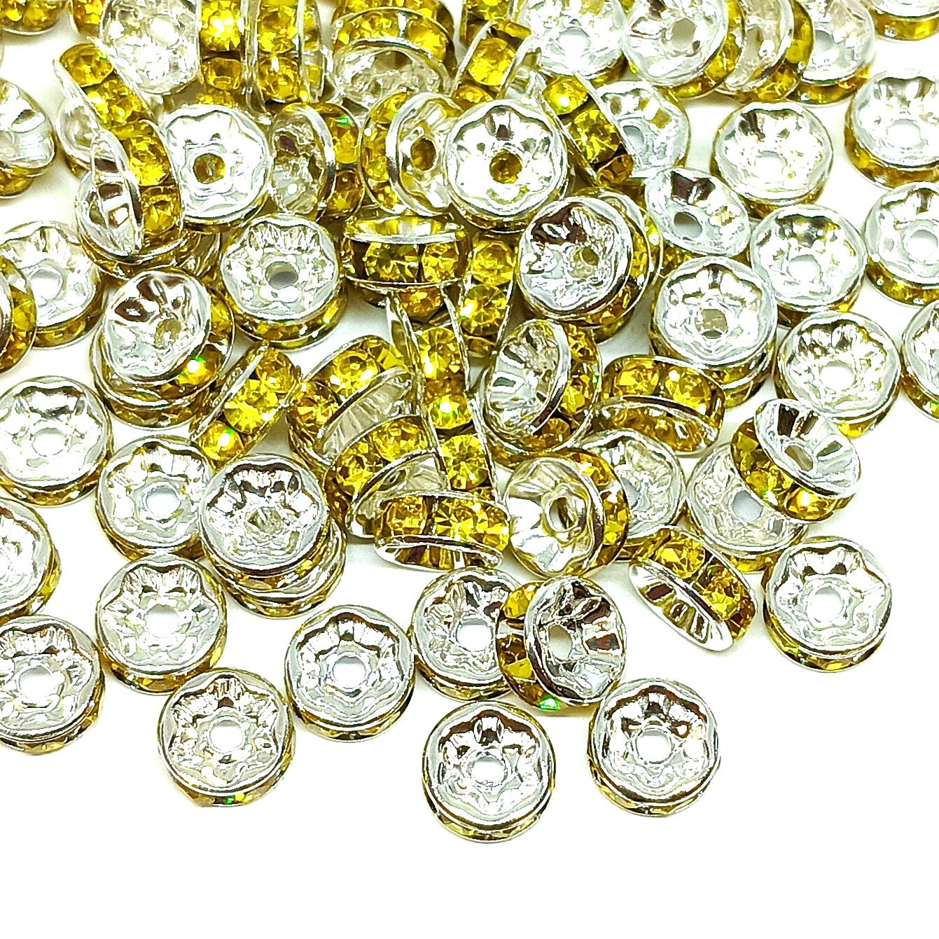 8mm Yellow Rhinestone Rondelle Spacer Beads - Silver Plated (Copy)