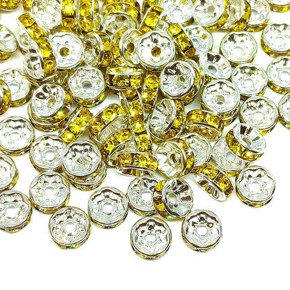 8mm Yellow Rhinestone Rondelle Spacer Beads - Silver Plated (Copy)
