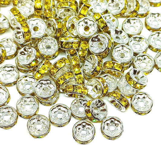 8mm Yellow Rhinestone Rondelle Spacer Beads - Silver Plated (Copy)